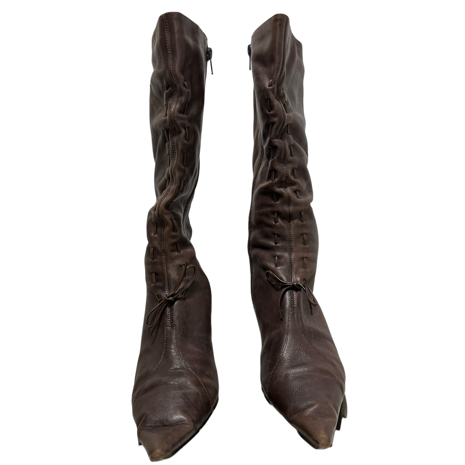 Vintage Y2K 2000s Leather Pointed Toe Kitten Heel Calf Boots (US 7 EU 38)