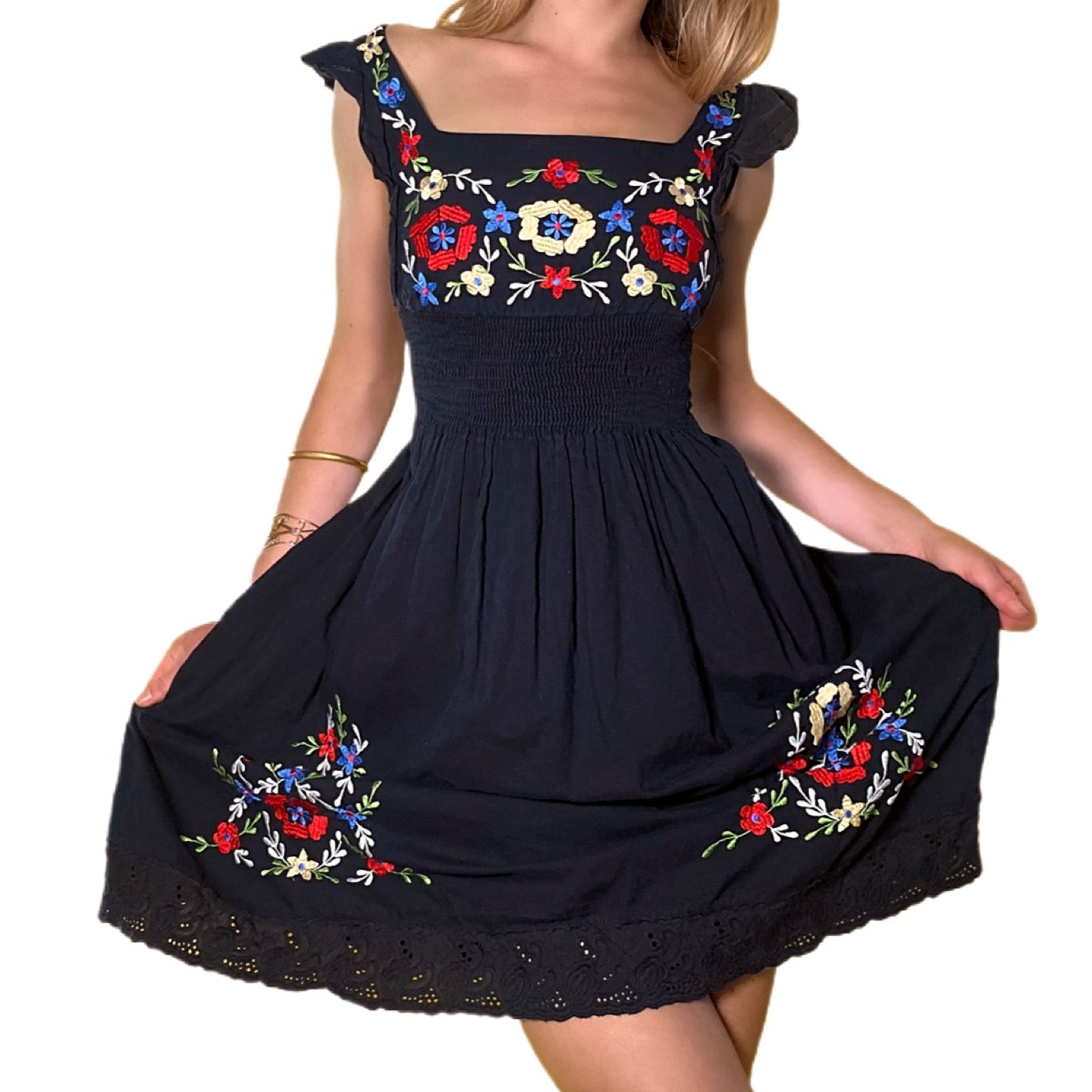 Vintage Floral Linen Peasant Dress (S)