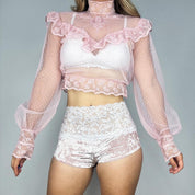1970s Pink Lace Ruffle Blouse (S)