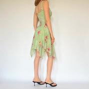 2000s Pastel Green Floral Flutter Midi Dress