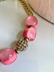 Chunky Bead Pink Clear Lucite Rhinestone Necklace INC 80s 90s