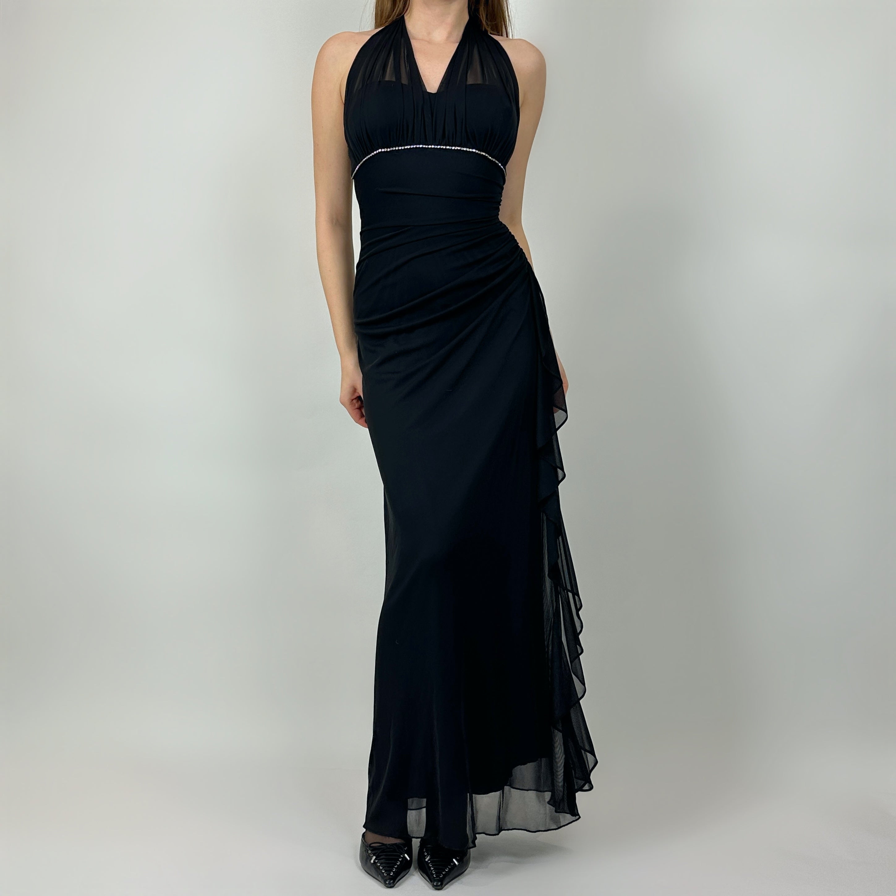 Vintage Noir Mesh Overlay Flutter Gown (XS/S)
