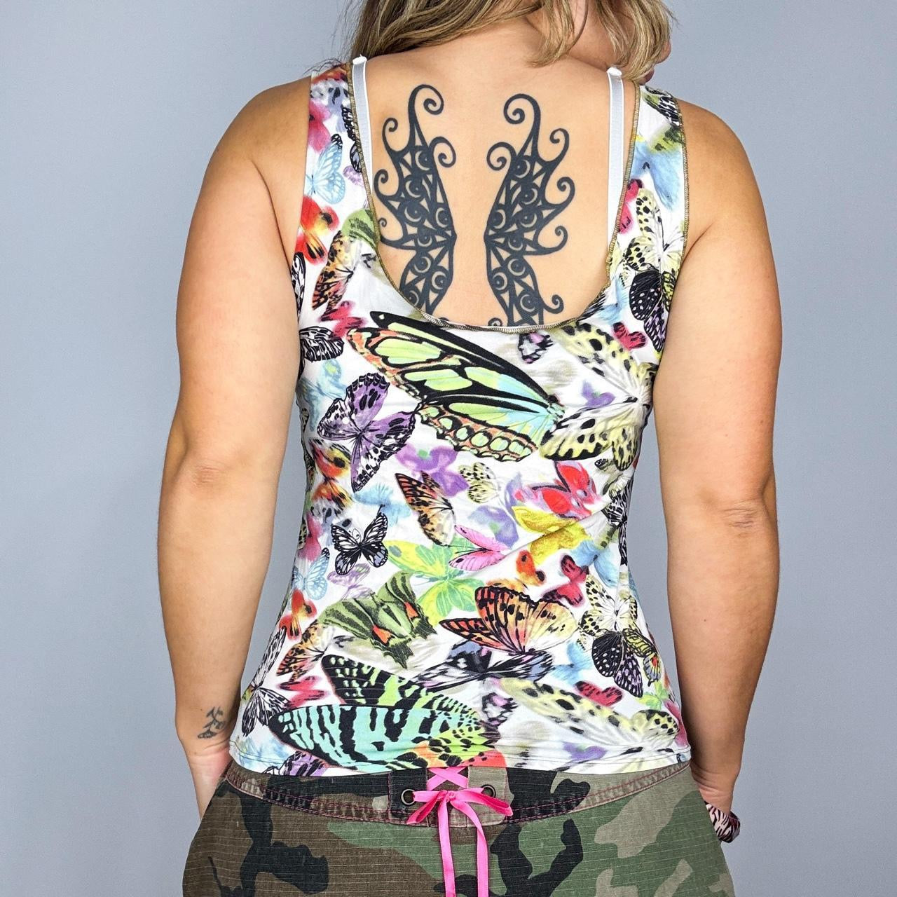Y2K Second Skin Mesh Reversible Neckline Butterfly Graphic Tank (S/M)