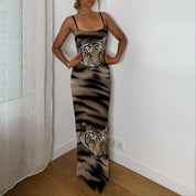 Italian Vintage Tiger Print Mesh Bodycon Maxi Dress (S/M)