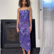 00s euro purple mesh floral print asymmetric maxi dress (S)