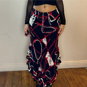 Vintage Abstract Print Mesh Skirt (S)