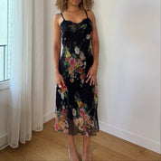 Vintage Floral Silk Mesh Midi Dress (S/M)
