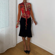 Rare Italian vintage red orange graphic print semi-sheer mesh top with sequin