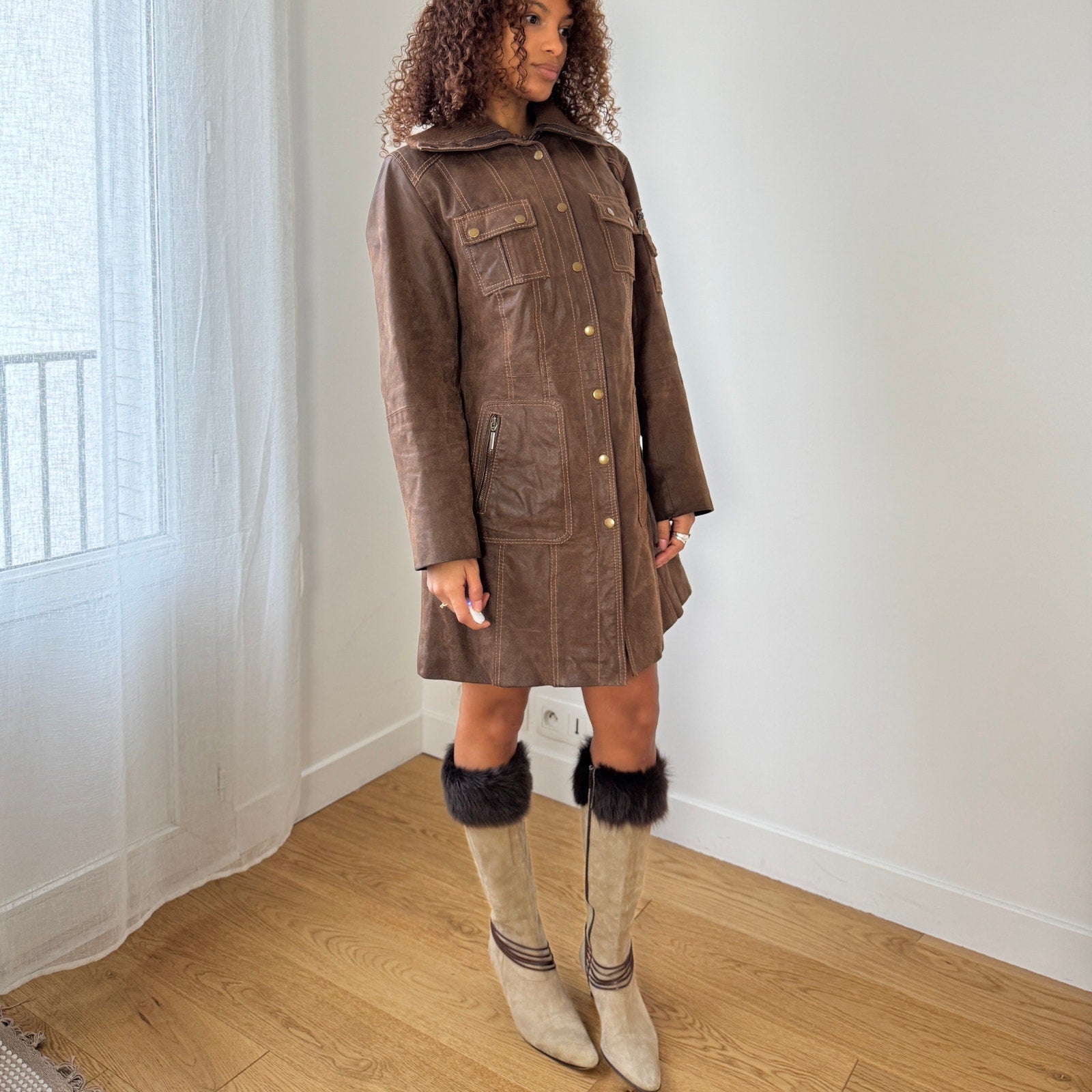 Vintage Brown Leather Button Front Coat (S)