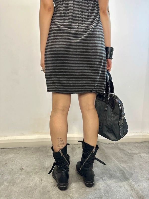 Vintage Stripe Capped Sleeve Jersey Mini Dress with Tie (M)