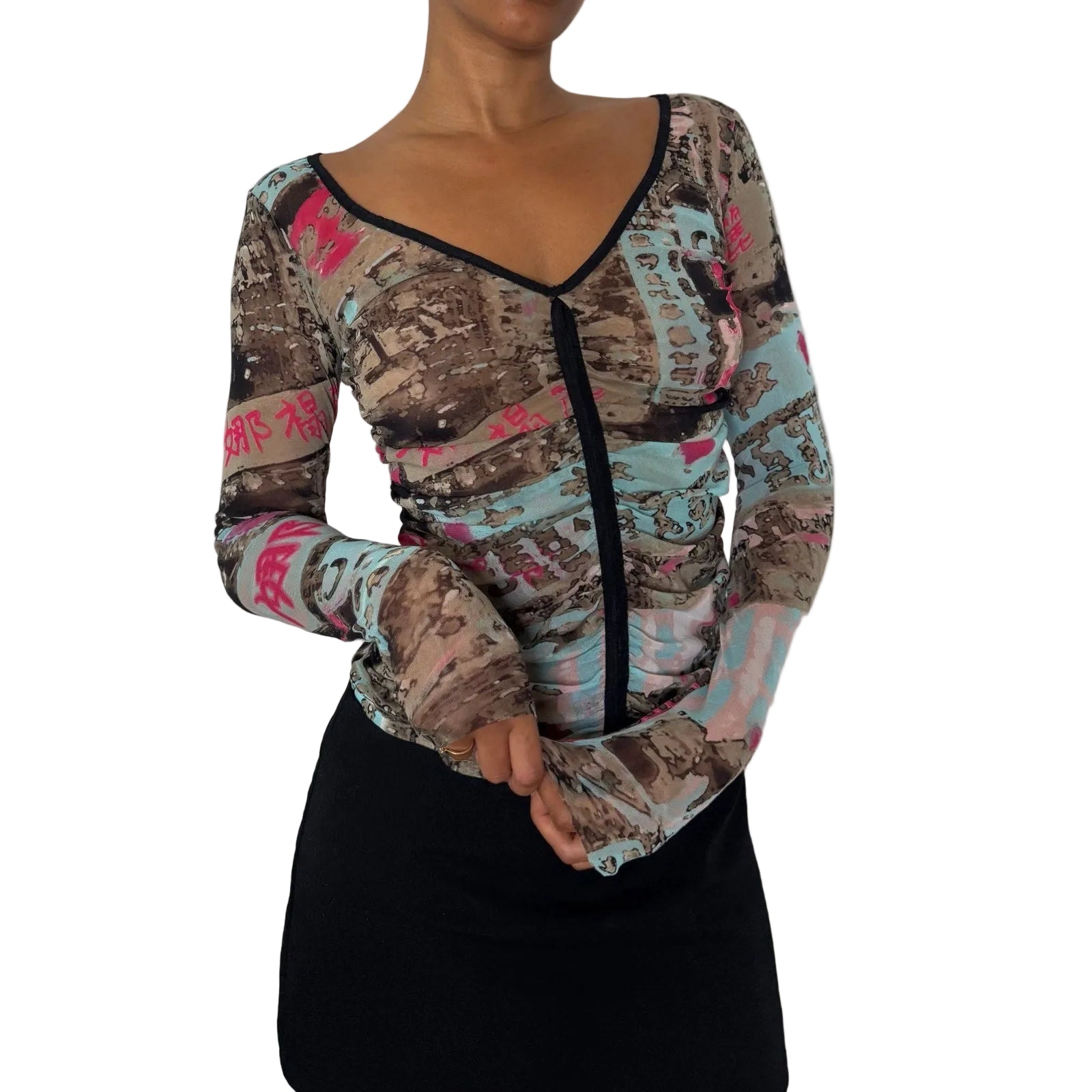 French vintage turquoise and pink graphic print sheer mesh long sleeve top