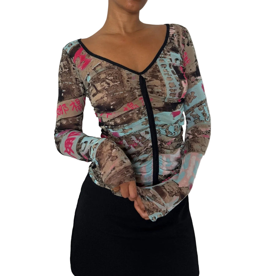 French vintage turquoise and pink graphic print sheer mesh long sleeve top