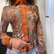 90s Cheetah & Floral Print Mesh Fitted Blouse (XS/S)