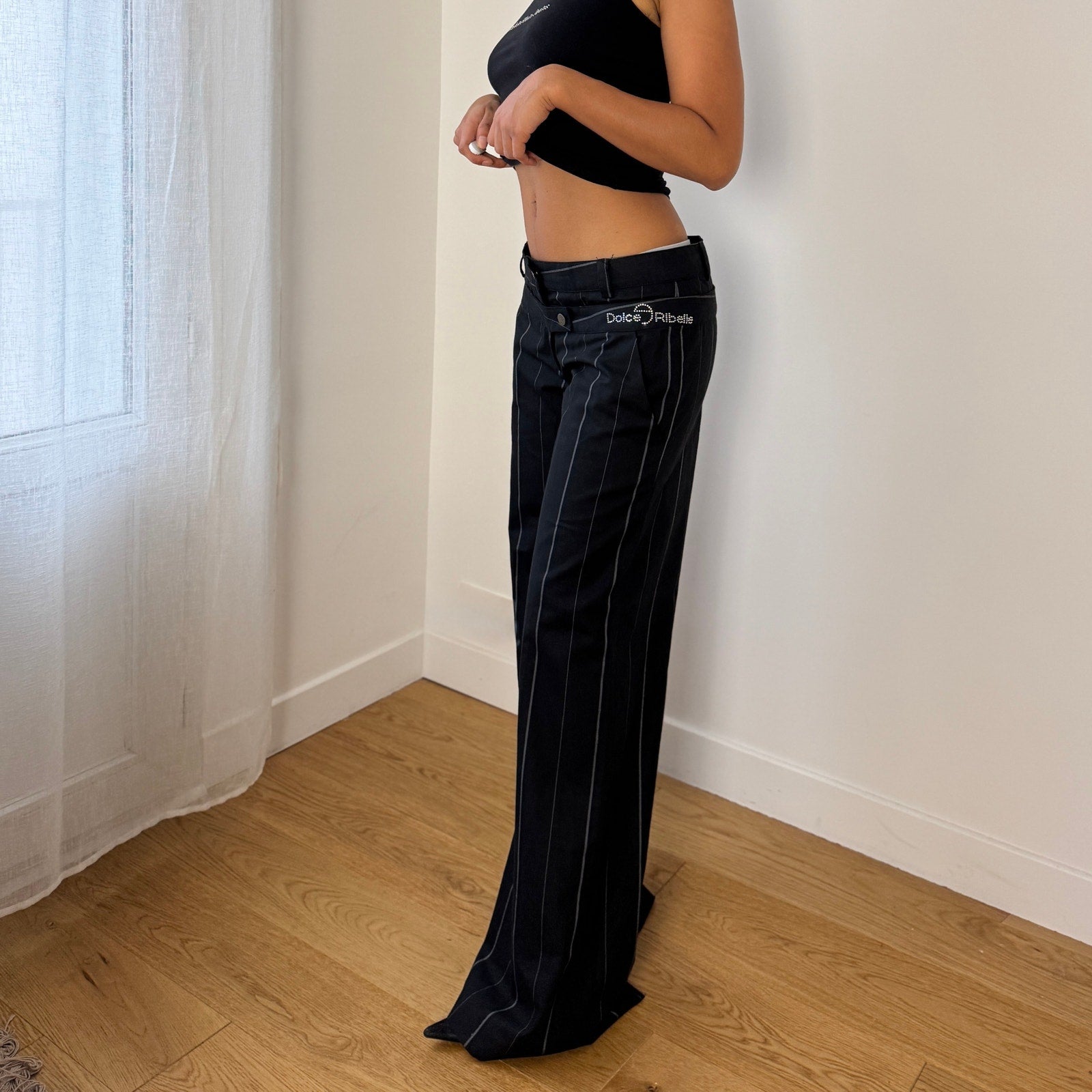 Vintage Italian Black Pinstripe Flare Trousers (S)