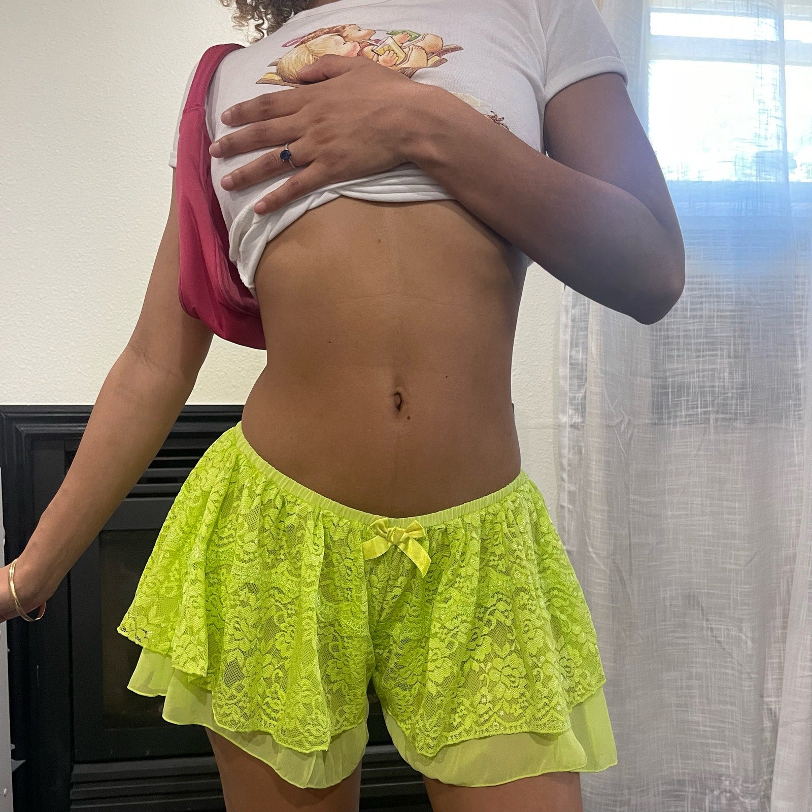 Deadstock 00s lime green lace layered bloomer shorts (XS)