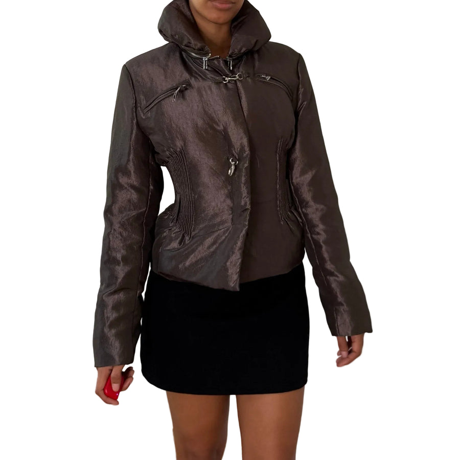 Euro vintage metallic taupe brown fitted jacket with high collar