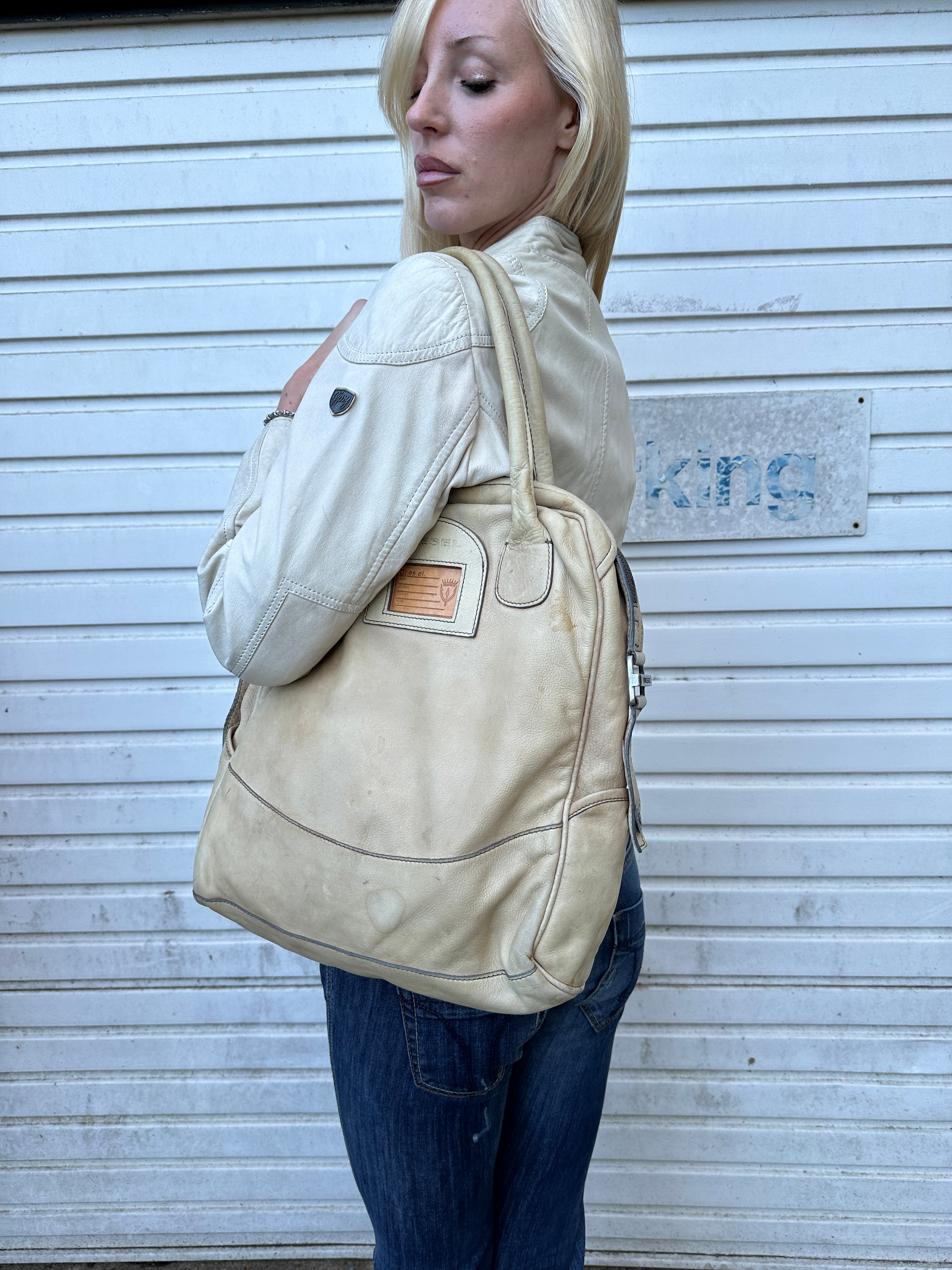 Vintage Asymmetrical Zip White Leather Jacket (S/M)