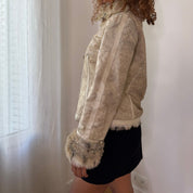 Vintage Mango Beige Taupe Genuine Pigskin Leather Faux Fur Leopard Lined Zip Up Jacket