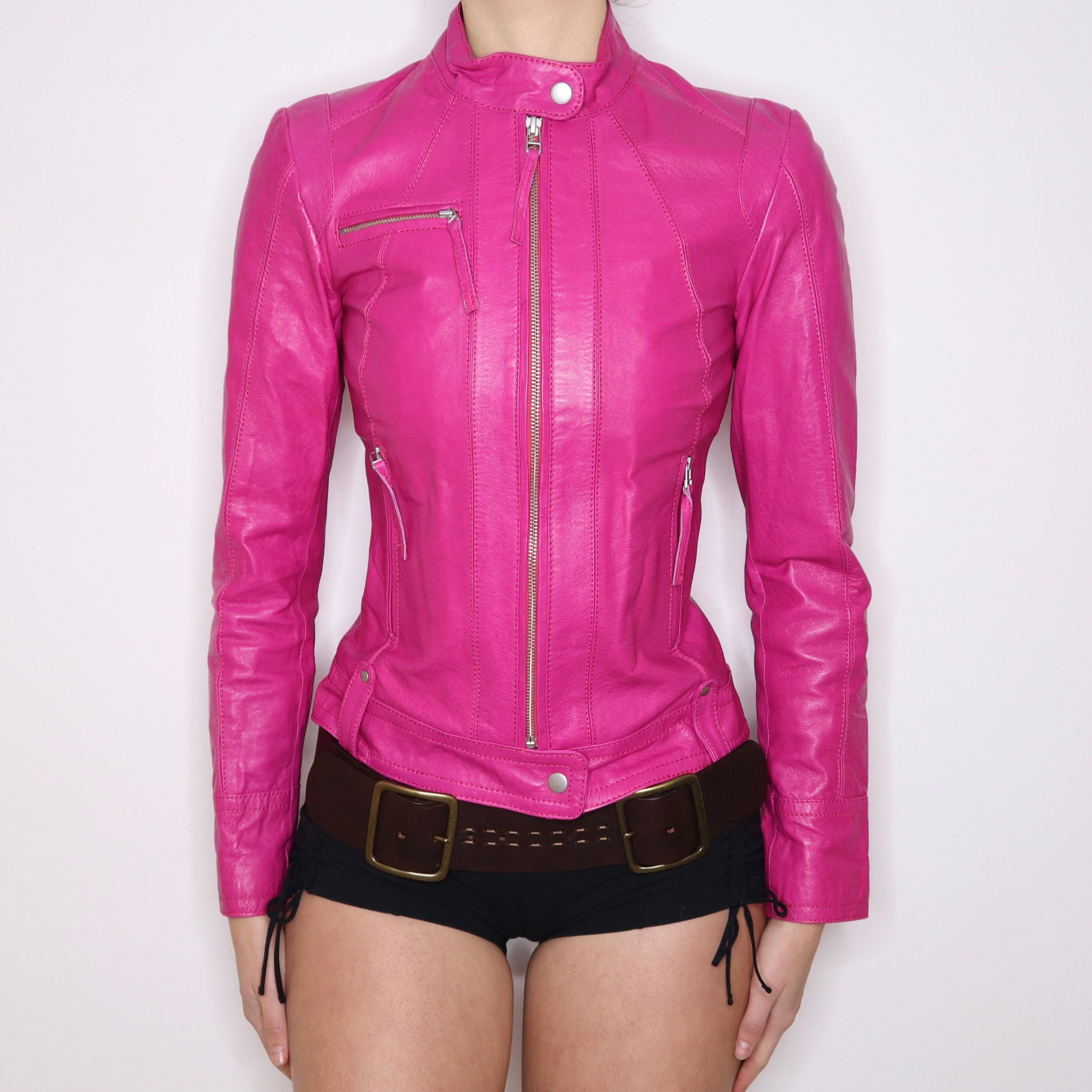 Y2K Sexy Pink Leather Moto Jacket (XS) – Holy Thrift