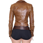 Y2K Sexy Brown Leather Moto Jacket (XS)