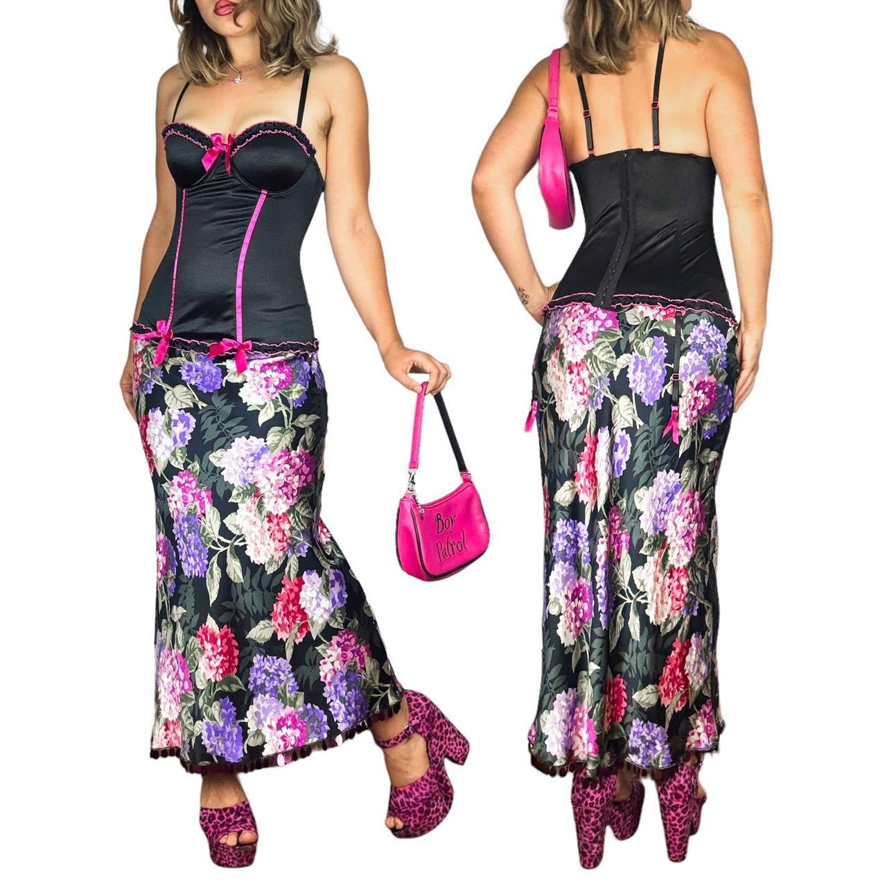 90s Sequined Silk Hydrangea Maxi Skirt (S)
