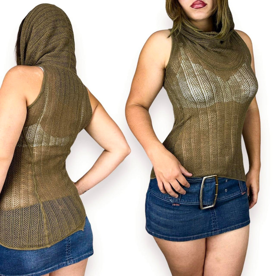 Y2K Sheer Knit Subversive Hood Top (S)