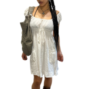 Vintage Cotton Milkmaid Mini Dress with Capped Sleeves and Tie Back Pockets