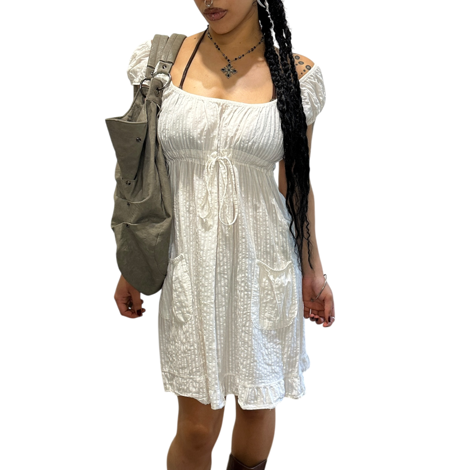 Vintage Cotton Milkmaid Mini Dress with Capped Sleeves and Tie Back Pockets