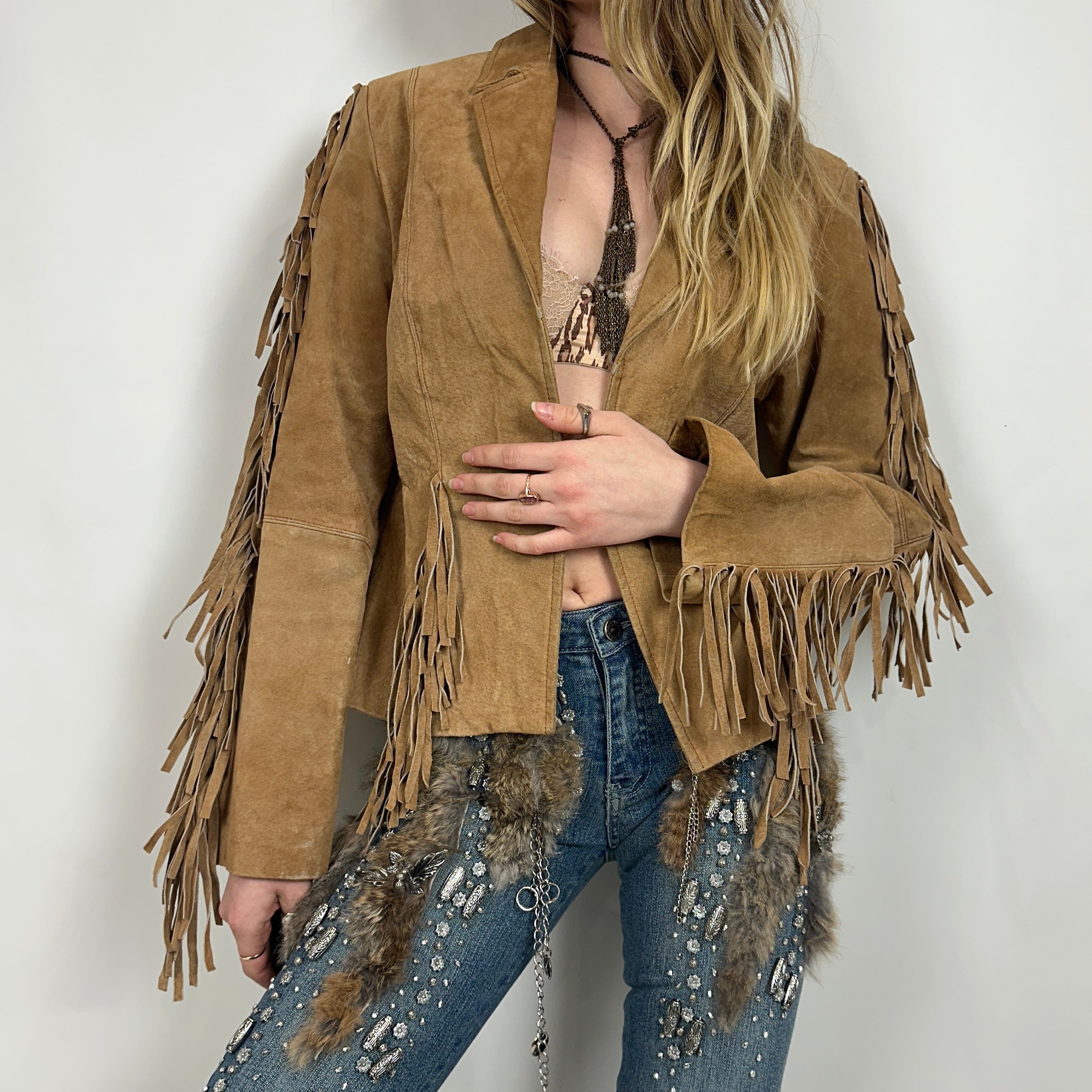 Vintage Tan Suede Fringe Jacket (M)