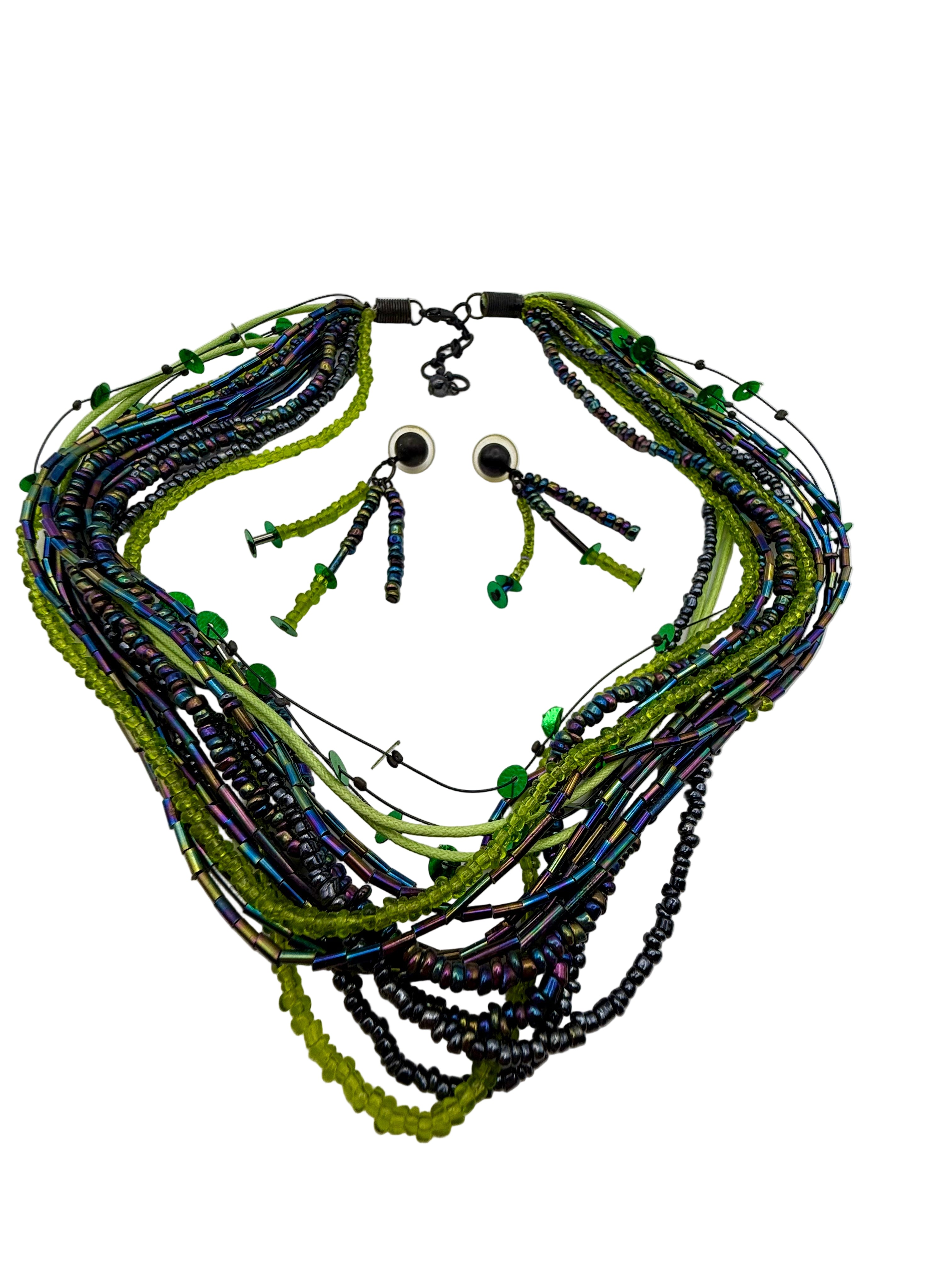 Green Iridescent Beaded Necklace Set