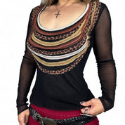 Fuzzi Textured Mesh Animal Print Detail Long Sleeve (L)