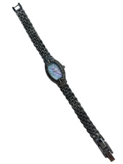 black crystal watch with cotton candy mother of pearl dial