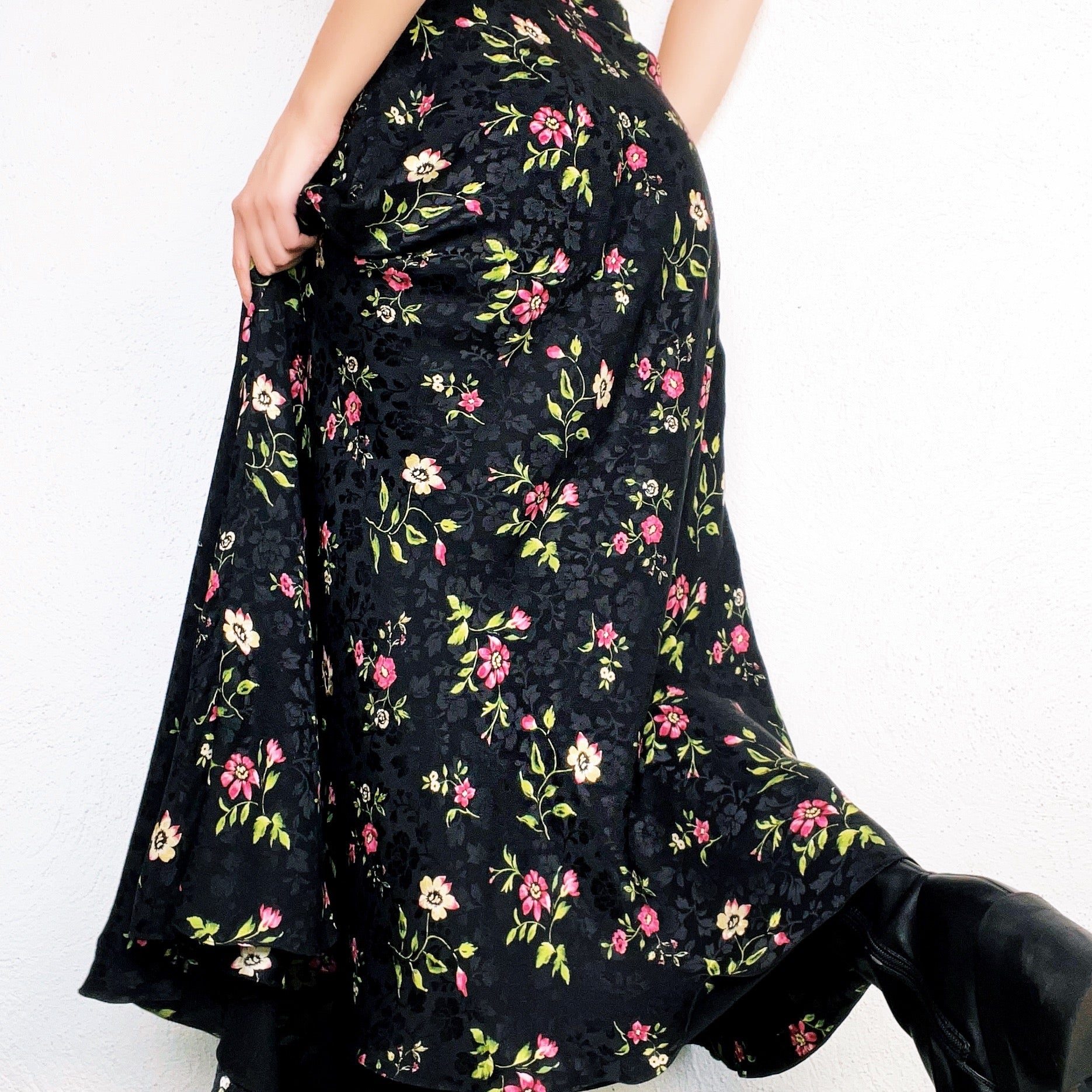 Silky Black Floral Maxi Skirt (M)