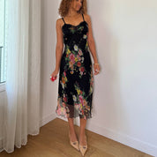 Vintage Floral Silk Mesh Midi Dress (S/M)