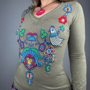 Butterfly & Floral Embroidered Bell Sleeve Top (M)