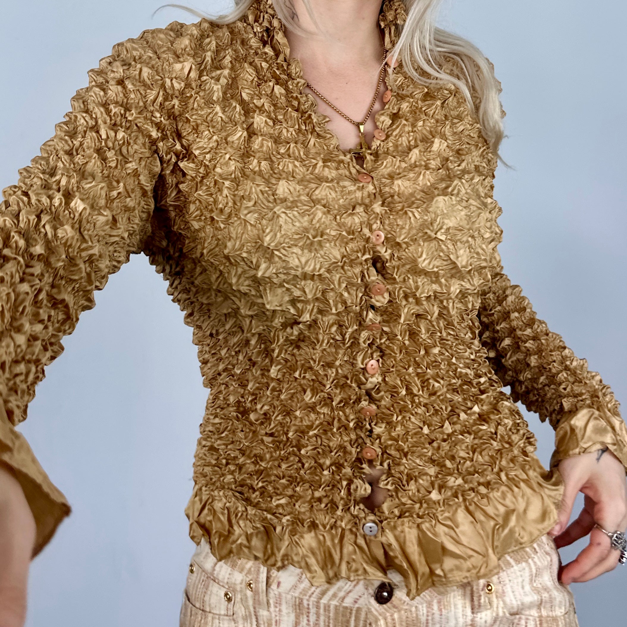 Golden Button Up Popcorn Blouse (One Size)