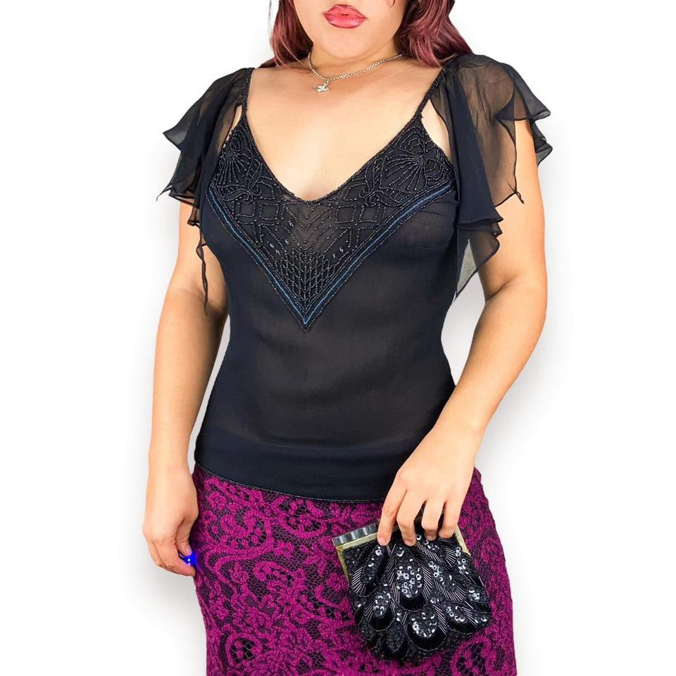 90s Beaded Silk Flutter Sleeve Top (S)