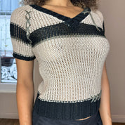 Vintage detailed sheer knit crochet top (S)