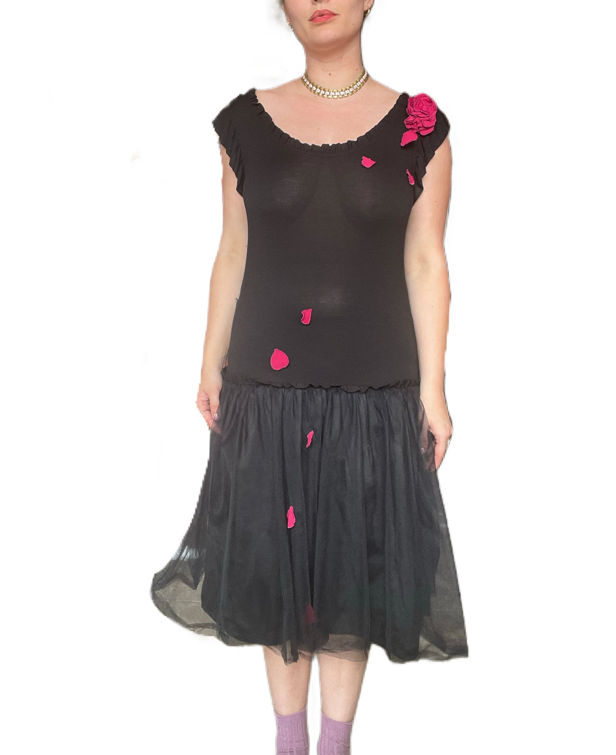 1990s Moschino Black Jersey Dress with Tulle Skirt and Red Hearts (S/M)