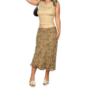 Vintage Lace Print Silk Midi Skirt (L)