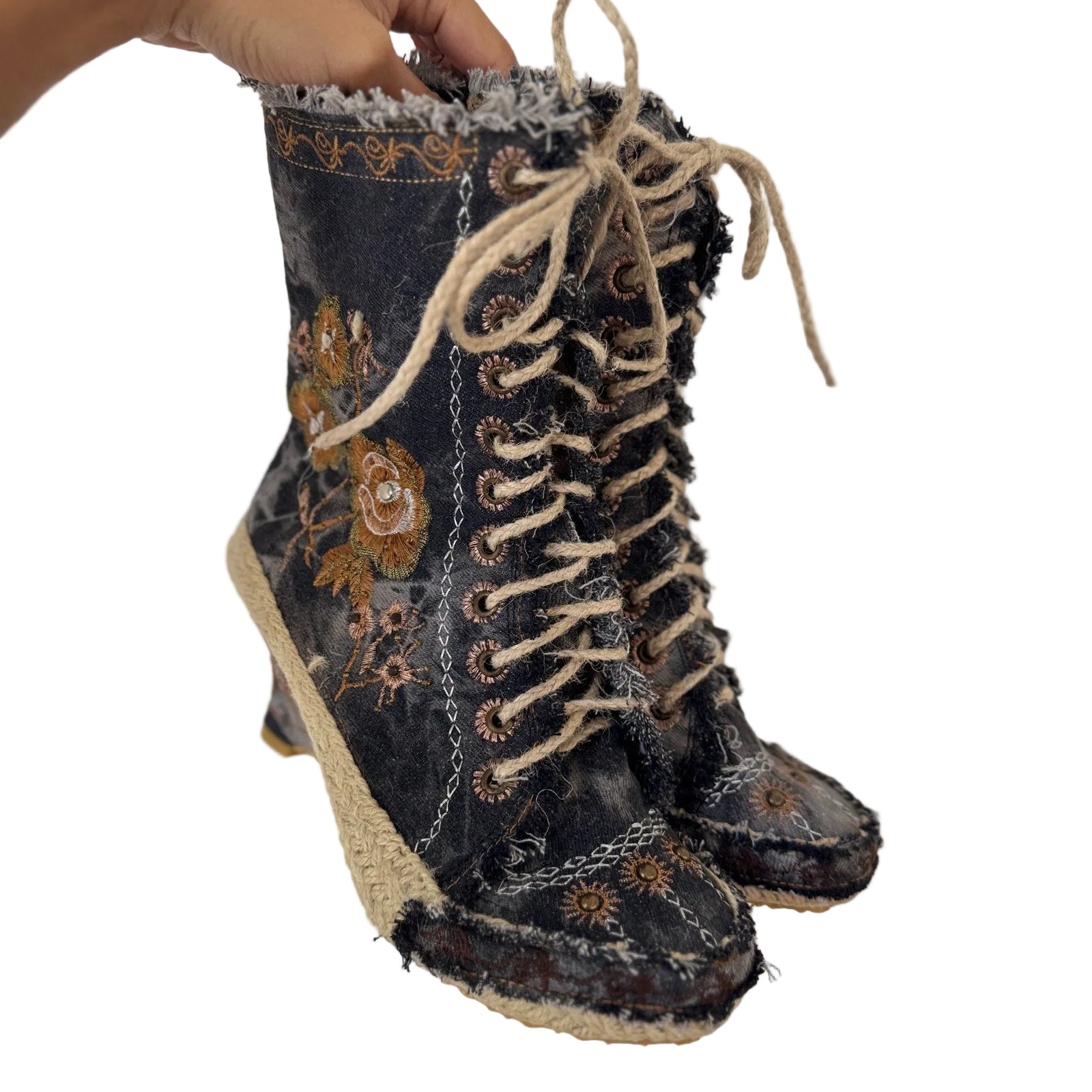 Vintage Denim Embroidered Lace-Up Wedge Boots (EU 38 / US 8)