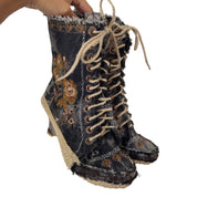 Vintage Denim Embroidered Lace-Up Wedge Boots (EU 38 / US 8)