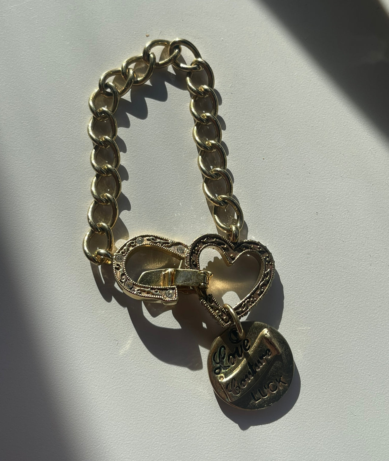 2000s Juicy Couture Gold Chain Bracelet with Rhinestone Heart & Horseshoe, Dangling Charm