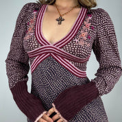 Embroidered Italian Silk & Knit Plum Polka Dot Midi Dress (S)