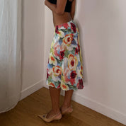 European vintage floral print mesh midi skirt with ruffled hem