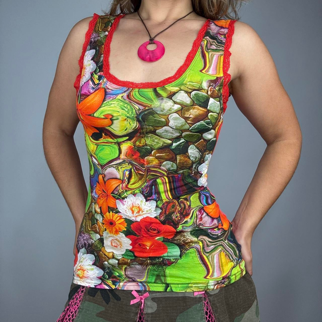 Euro Vintage Surrealist Print Lace Trim Cami (S)