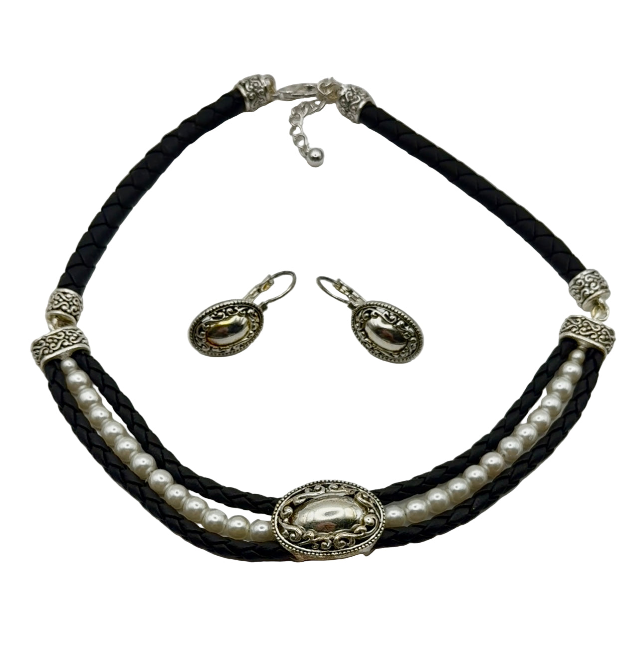Pearl leather & silver tone set