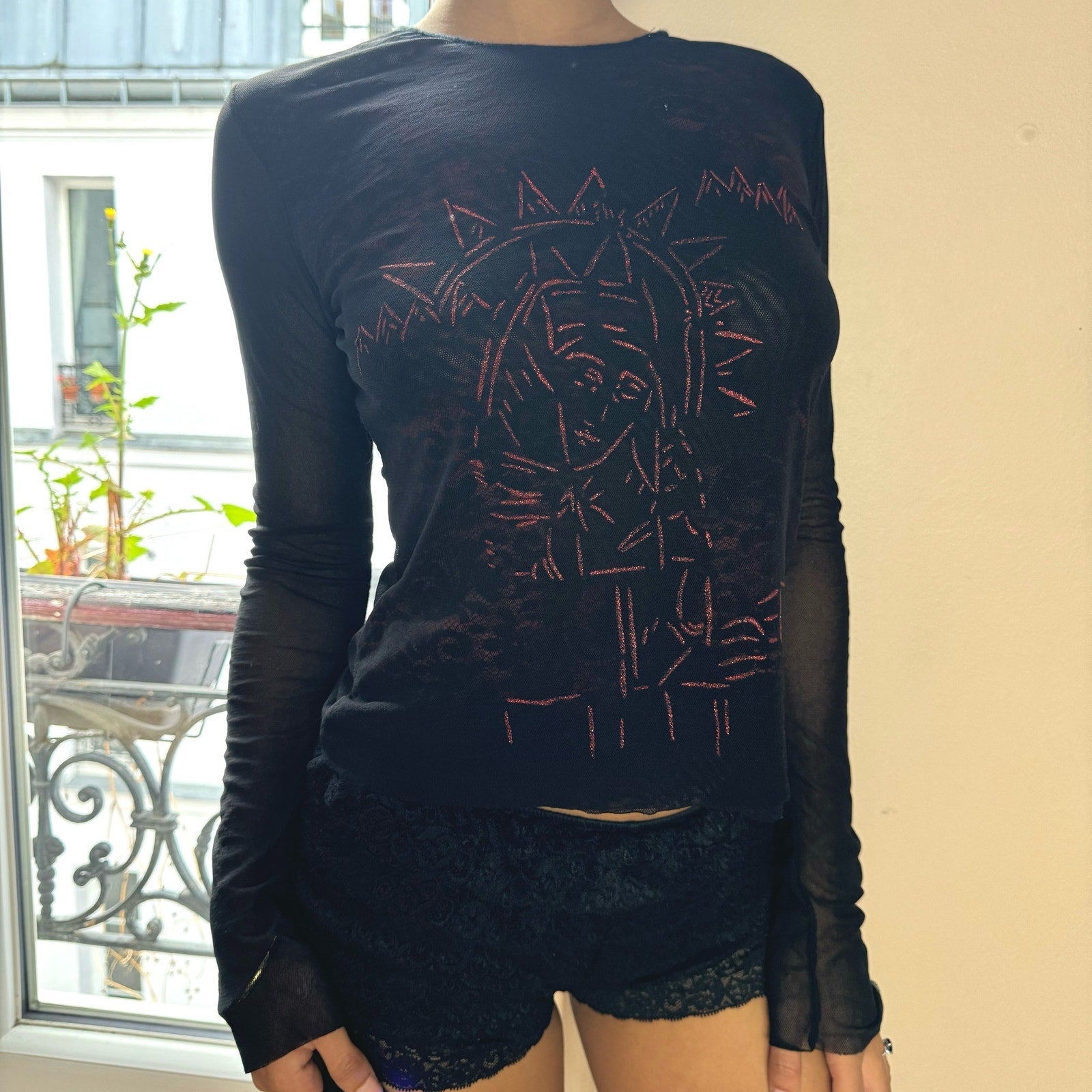 Italian vintage graphic mesh long sleeves top (XS/S)