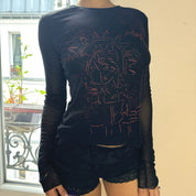 Italian vintage graphic mesh long sleeves top (XS/S)