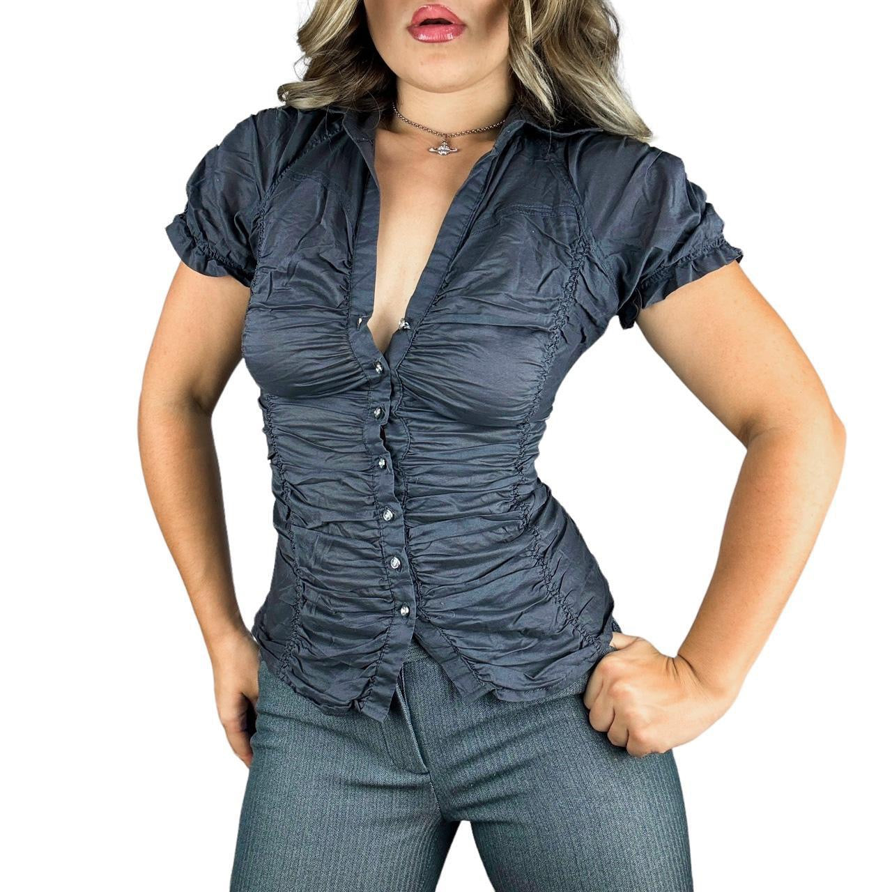 Y2K Ruched Puff Sleeve Blouse (S)